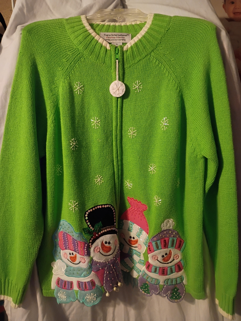 Vintage Tiara International Christmas Collection Green Snowman Cardigan–Size XL